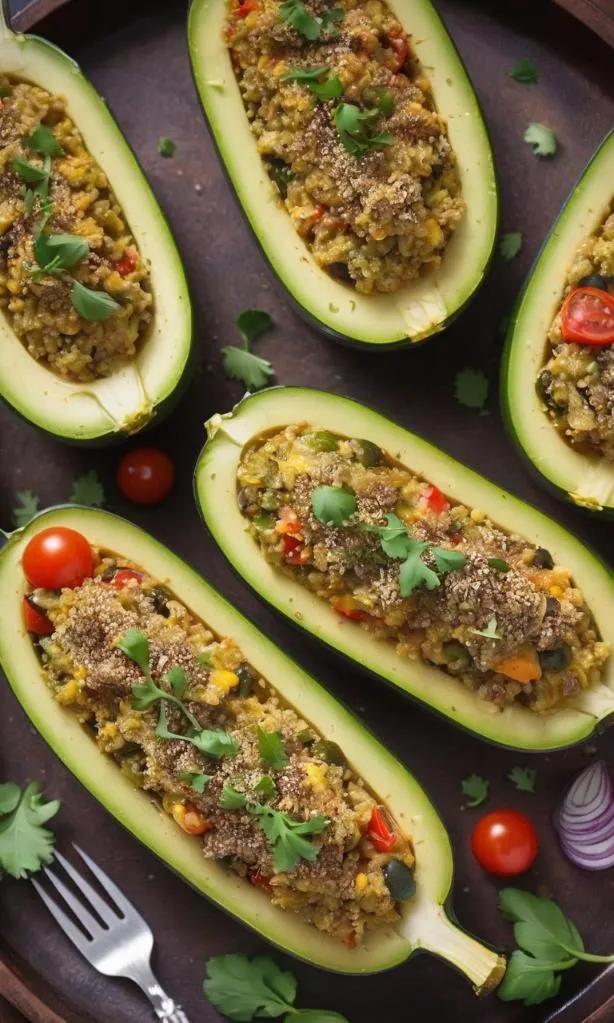 Gefüllte Zucchini mit Quinoa, Gemüse und Käse überbacken