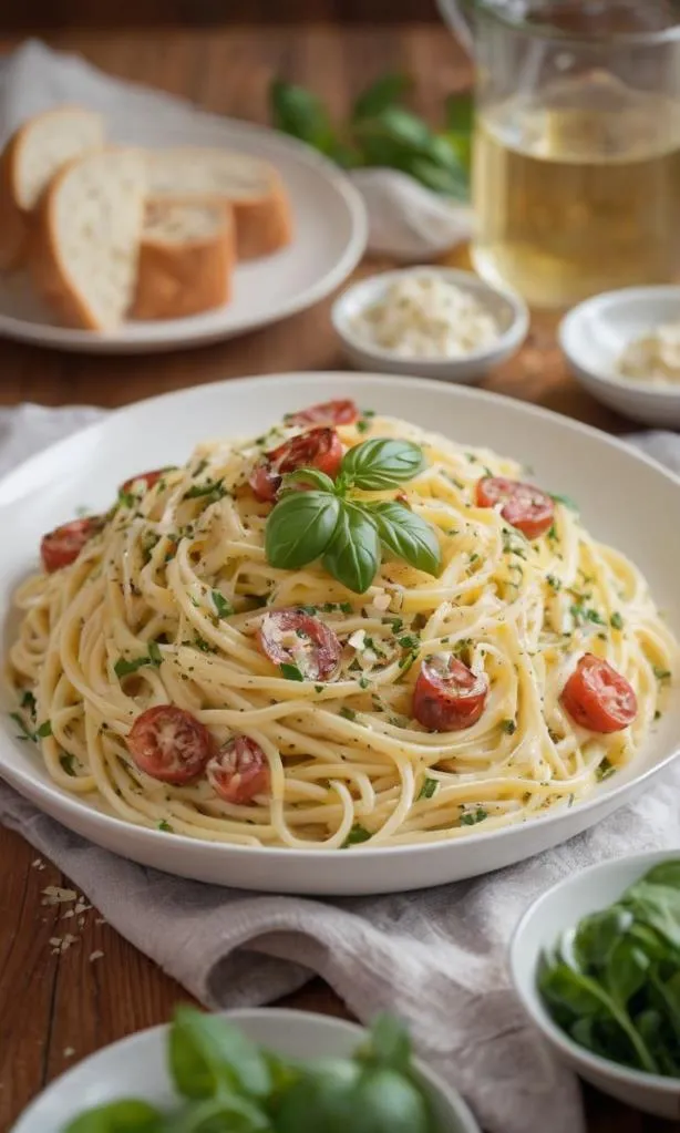 Spaghetti Carbonara mit Knoblauch-Kräuter-Brot