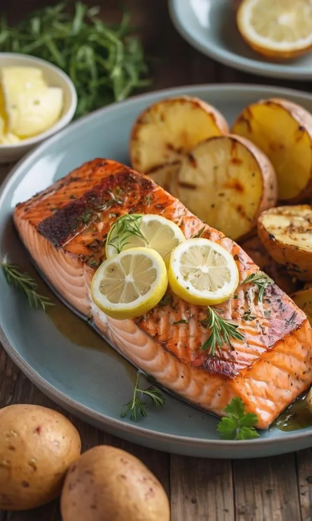 Gegrillte Lachsfilets mit Zitronen-Kräuter-Butter und Ofenkartoffeln